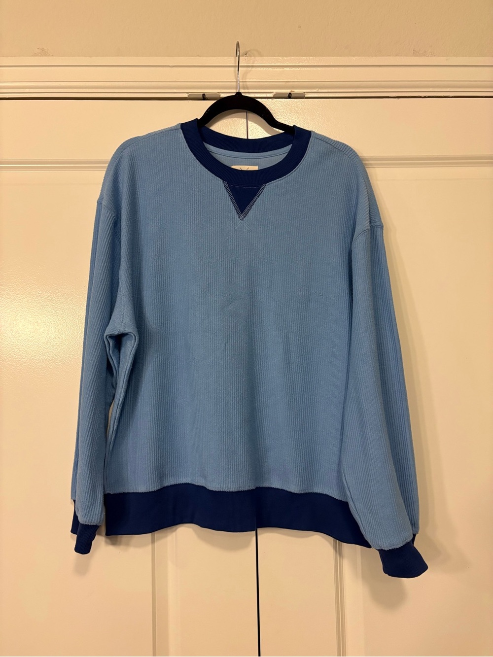 Light Blue Women’s Waffle Knit Crewneck Sweater with Navy Trim